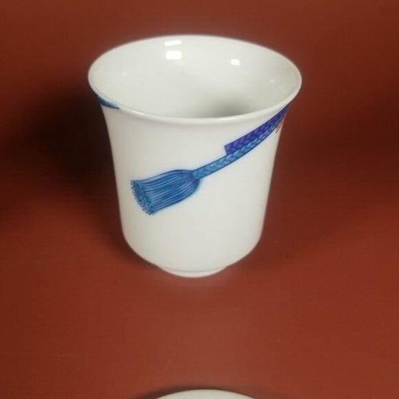 Japanese Tea Cup Mugs With Lids, Tassel Print Blue And Orange Two Sizes Lot of 2 - Picture 8 of 11